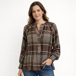 dRA Los Angeles Anthropologie Plaid Henley tunic blouse top Women's XS Cozy Boho